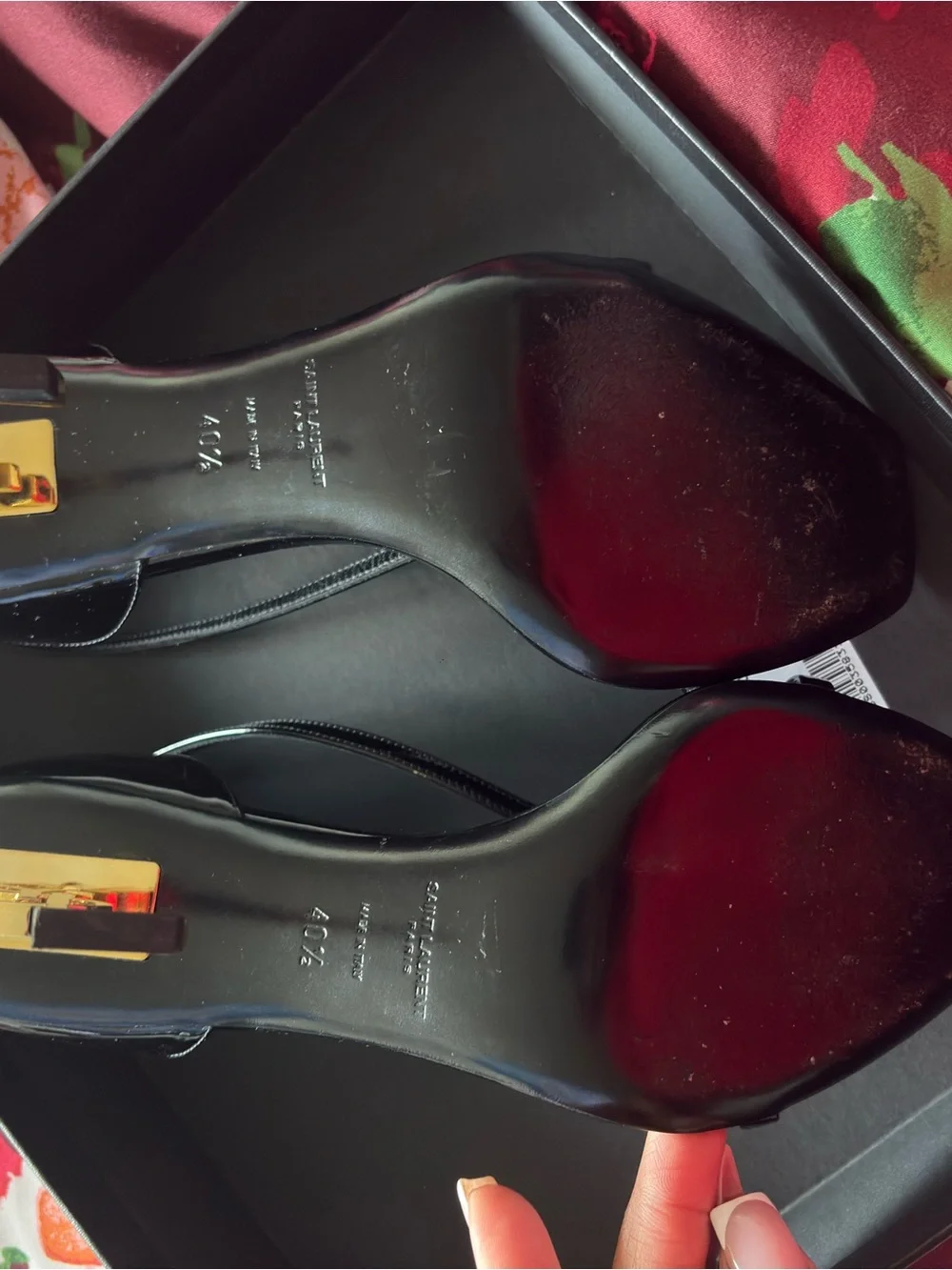 Saint Laurent Black Patent Leather YSL Logo Strap Heels